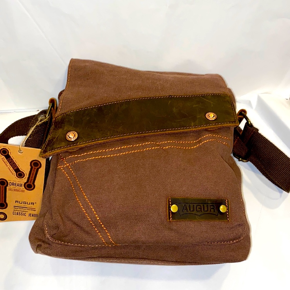 Rustic retro messenger bag by Augur Canvas bag leather trim inside pockets nwt